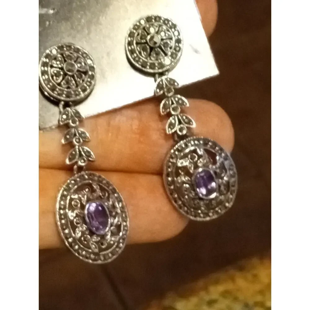 925 Silver - Vintage Victorian Amethyst & Marcasite Dangle Earrings